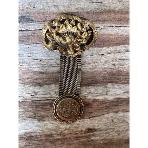 Antique Gold-Toned Mesh Chatelaine Brooch With Floral Motif & Decorative Engrave - Picture 1 of 7